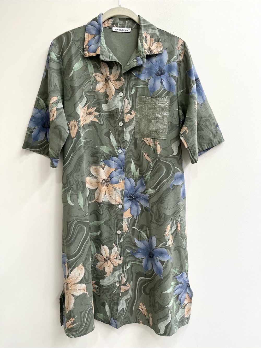 New Collection tropical floral short sleeve shirt dress 100% linen sage green OS